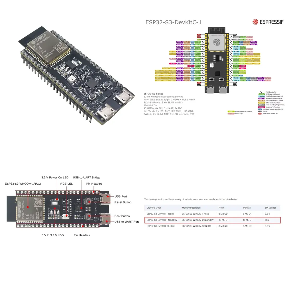 Esp32 S3 - บอร์ดพัฒนา Espressif ESP32-S3-DevKitC-1 พร้อมโมดูล ESP32-S3-WROOM-2-N32R16V